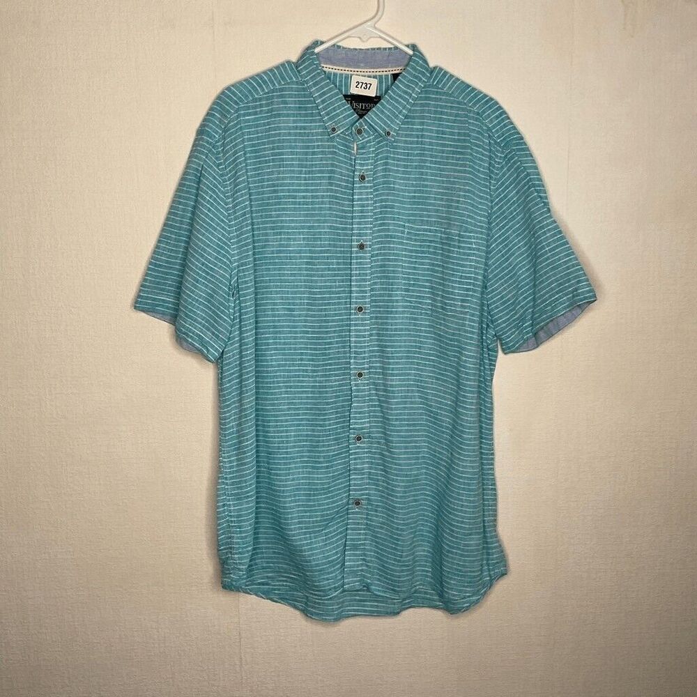 Visitor Mens Blue Striped Linen Blend Woven Short Sleeve Button Up Shirt Size XL - Picture 8 of 10